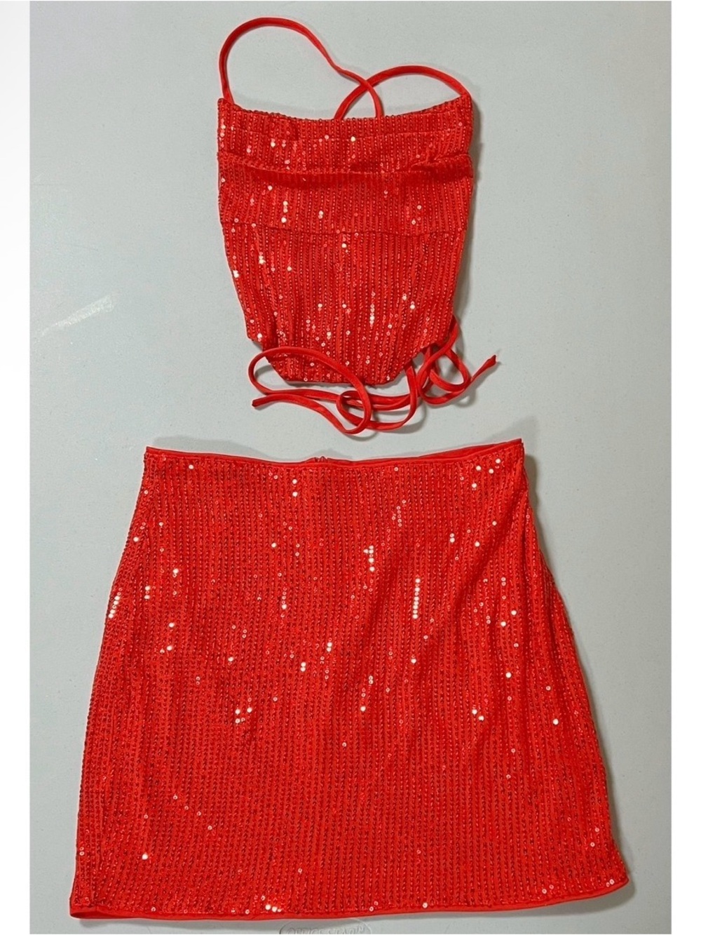 Red Sequin Bodycon Mini Skirt (S) and Corset Crop Top (M) Matching Set Coords❤️✨